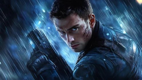 Battle-hardened soldier in rain-soaked neon blue environment.