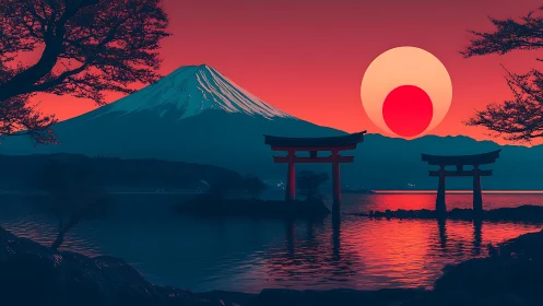 Digital landscape shows mountain, torii gates, and stylized sun