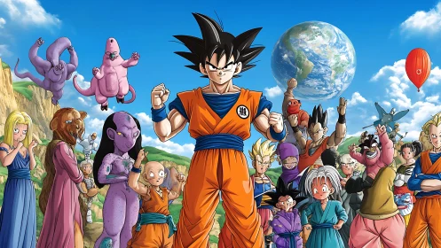 Group of anime fighters posing in outdoor landscape scene.