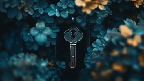 Vintage key hanging among blue and golden flowers.