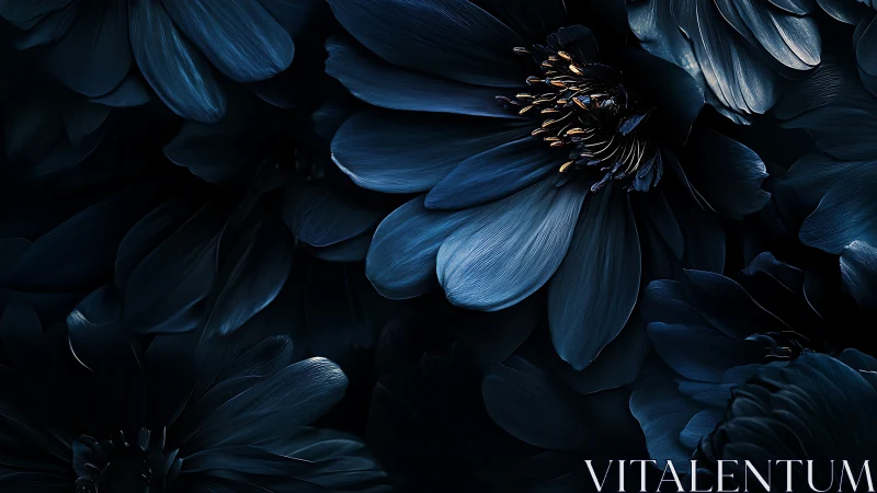 Blue flowers with golden stamens against dark background