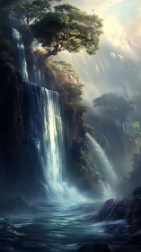 Vertical cascade plunges through misted gorge in ethereal light