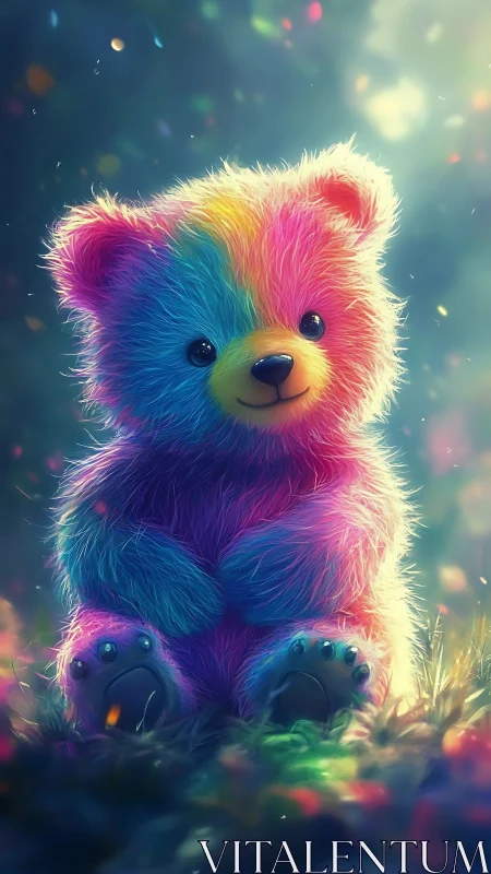 Rainbow-furred dream bear waits quietly in a glowing meadow