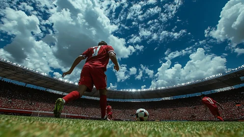 Soccer player in red kit approaching ball on stadium field.