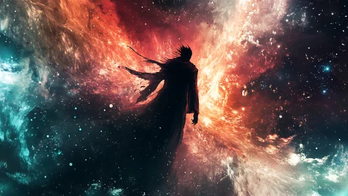 Cosmic wanderer silhouette cuts through blazing nebula sky.