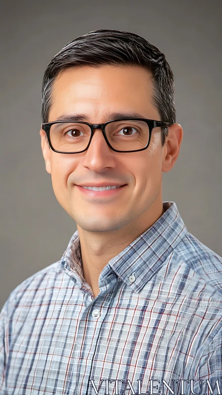 Warm portrait of a friendly man in glasses and plaid shirt.