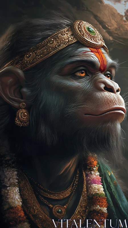 Regal anthropoid deity portrait renders ornate devotional grandeur