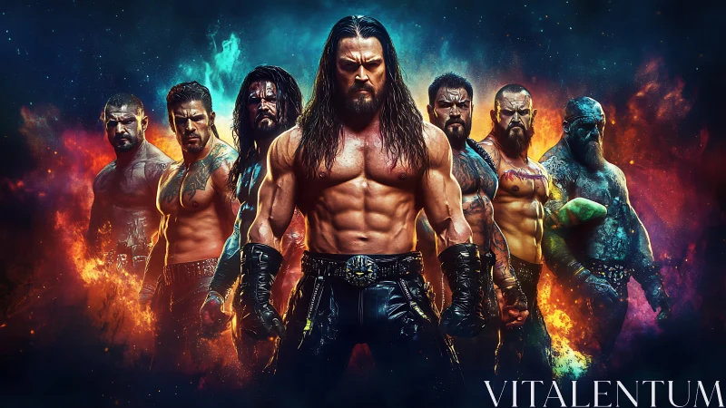 Mythic warriors line-up in fiery bi-chromatic nebula glow.