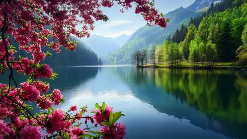 Mountain lake shoreline with cherry blossoms and forest reflections