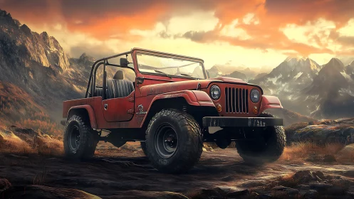 Off-road 4x4 jeep in cinematic alpine sunset landscape rendering.