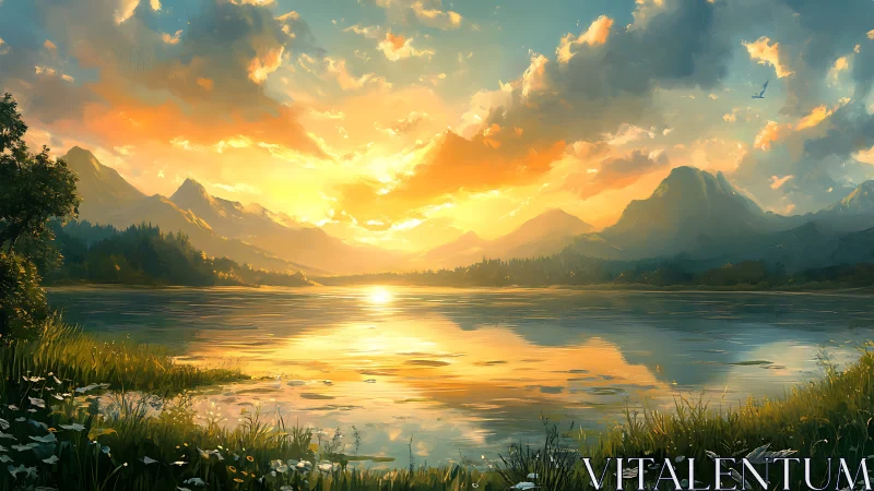 Radiant mountain lake sunset reflects glowing pastel skies.