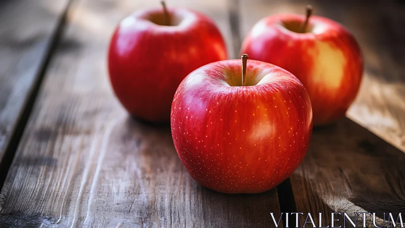 Three red apples rest on a rustic wooden table surface