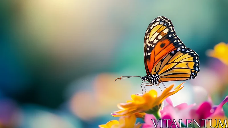 Macro butterfly study on florals with luminous bokeh field.