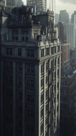 Sunlit stone tower brooding quietly above steel city canyons.