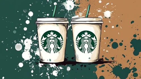 Stylized branded coffee cups contrast against split color field