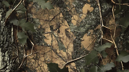 Tree bark texture with branches and camouflaged pattern surface.