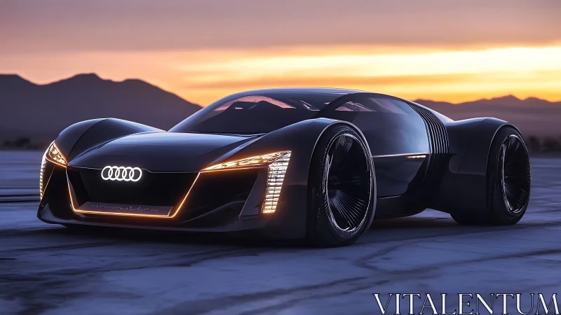 Sunset-cloaked Audi hypercar glides across electric horizon.