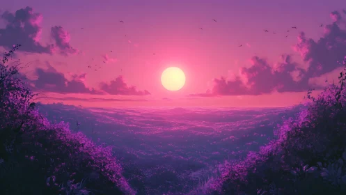 Magenta sun melting over lavender valleys of cloud and bloom.