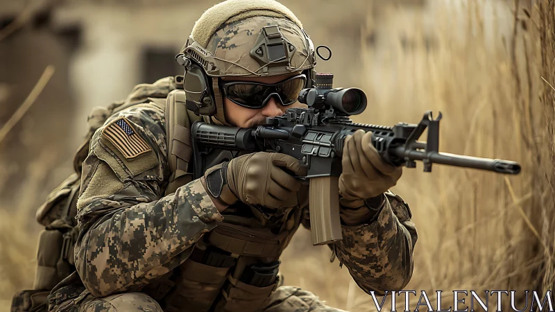 Modern soldier aiming rifle in dry field environment.