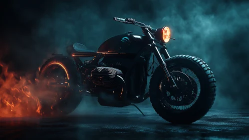 Custom cafe racer motorcycle lit by dramatic volumetric fire and fog