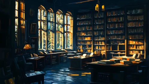 Golden hour illumination sweeps across a grand painted library
