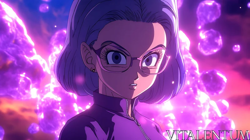 Purple lit anime character with glasses in glowing energy field.