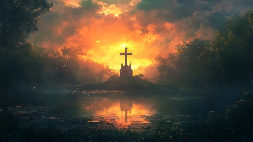 Rural chapel silhouette at sunset across reflective lake.