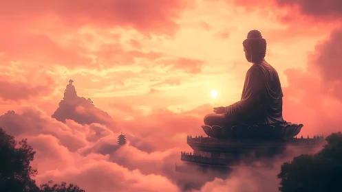Digital painting of serene Buddha above misty mountains.