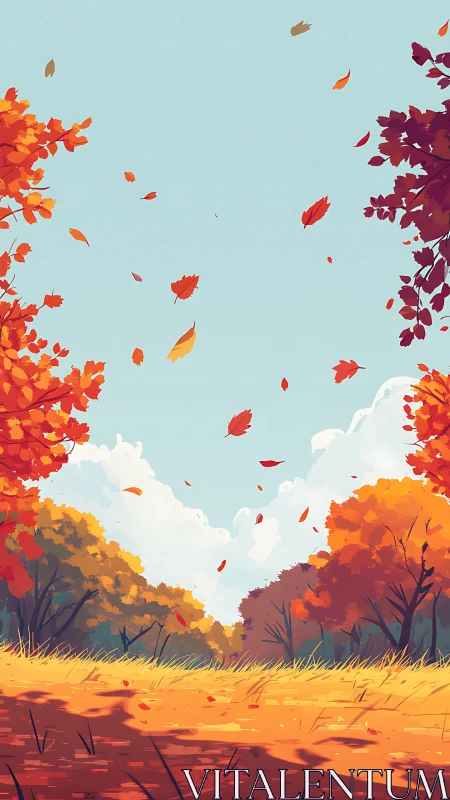 Autumn meadow landscape with stylized falling scarlet leaves.
