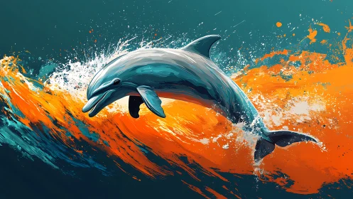 Joyful dolphin leaps through a splash of bold orange waves