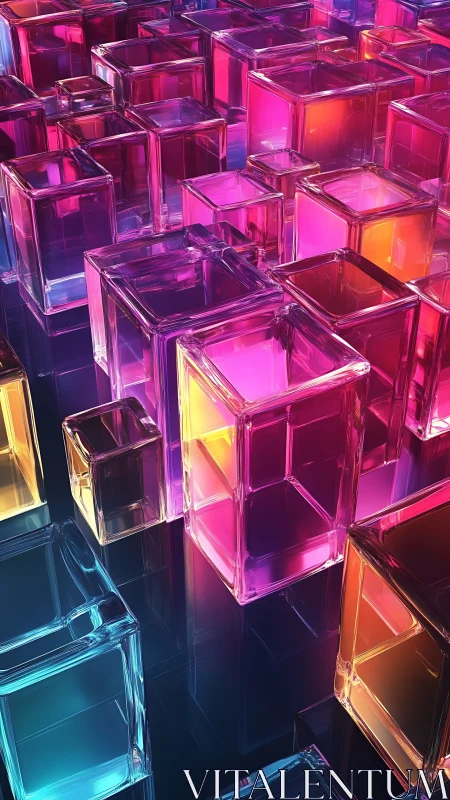 Colorful glass cubes in neon gradient abstract 3D scene.