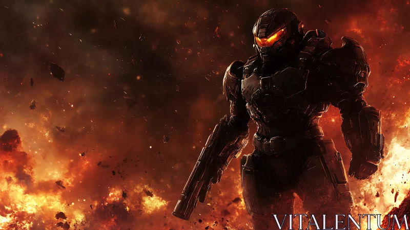 Armored sci fi soldier strides through inferno with glowing visor.