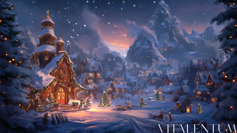 Snowy village hums with Christmas lights beneath tall peaks
