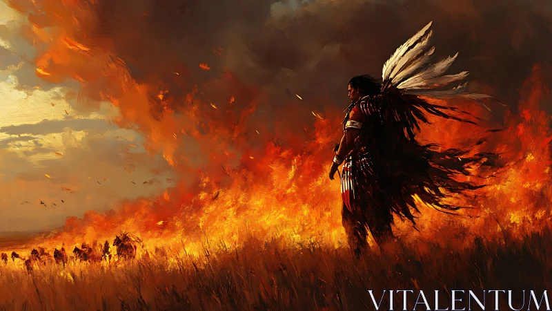 Warrior stands before advancing wildfire in burning field