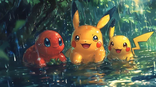Rainy day puddle party with bright, smiling creatures.
