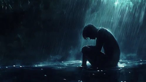 Silhouetted figure sits in heavy rain within shallow water