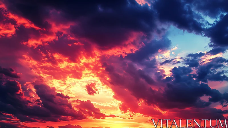 Fiery sunset sky ignites dense storm clouds with color contrast