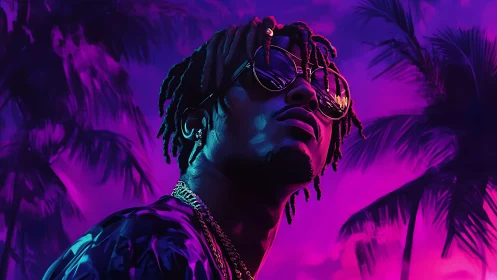 Neon-lit portrait with tropical silhouettes in digital painting style.