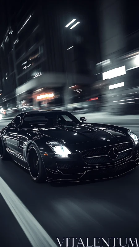 Midnight black supercar streaks through neon city streets.