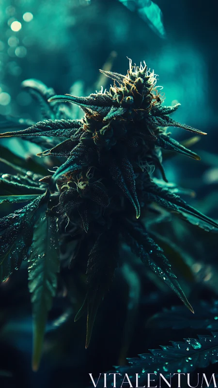 Cannabis plant bud in low key teal-blue lighting at night.