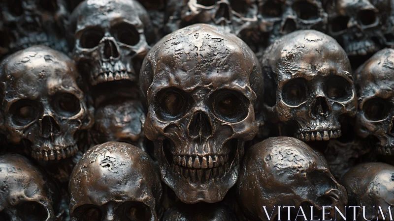 Bronze skull cluster forms dense textured sculptural wall