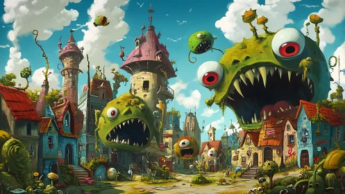 Playful green monsters soar above a quirky storybook town
