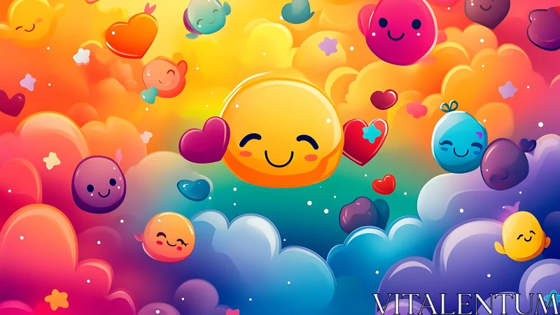 Smiling emoji-like faces amid multicolored cloud forms.