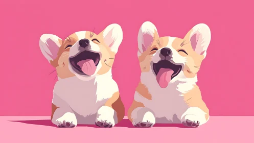 Two cartoon corgi puppies sit side by side on pink ground