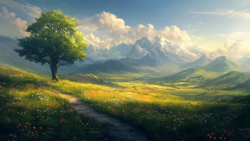 Sunlit alpine valley path with flowering meadow foreground