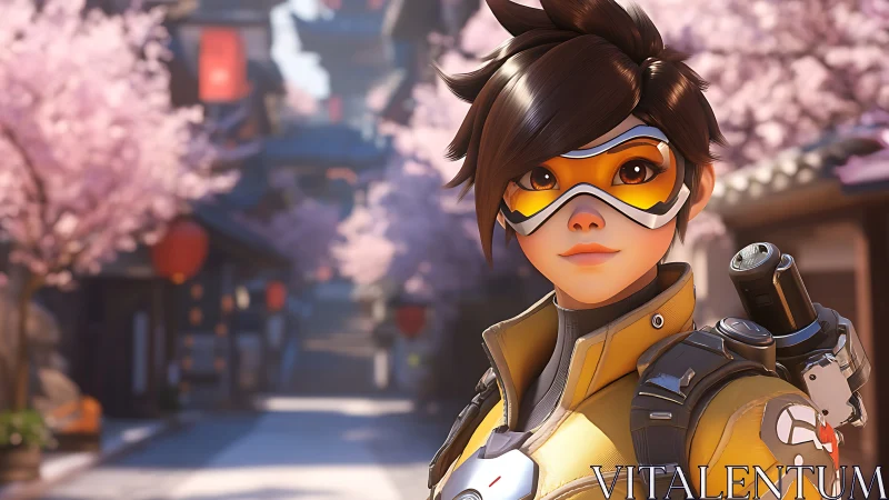 Stylized character in yellow suit before cherry trees scene.