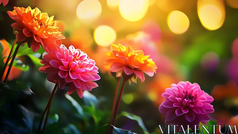 Radiant Dahlias Dance in Golden Bokeh Symphony.
