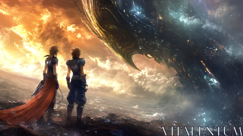 Two armored figures face colossal alien structure at dawn.