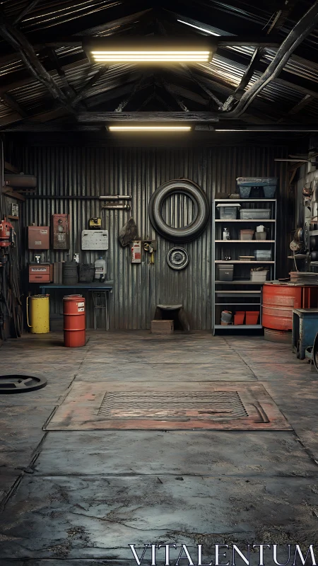 Automotive workshop interior shows worn floor and tools