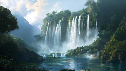 Multilayered jungle waterfall system in misted valley basin.